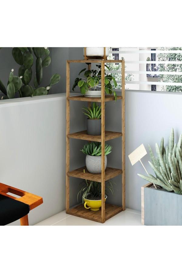 Frefly 5 Katlı Atlantik Çam Ahşap Köşe Sehpası / Çok Amaçlı Dekoratif Raf, Saksı Standı, Çiçeklik - Image 1