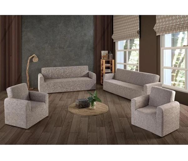 Altın Kelebek Jakarlı Streç Kaplama Maxi Takım Koltuk Örtüsü (3+3+1+1)-Taş - Image 1