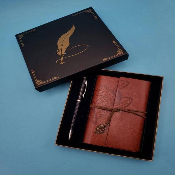 Deri Defter ve Tükenmez Kalem Karton Kutu Kahverengi - Image 1