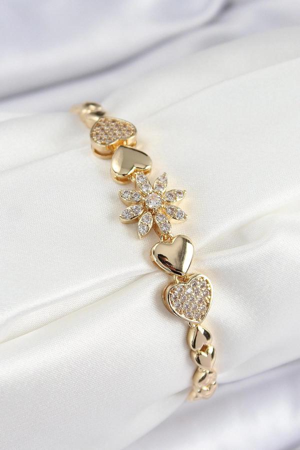Pirinç Zirkon Taşlı Kalp Detaylı Çiçek Model Gold Renk Kadın Bileklik - Image 1