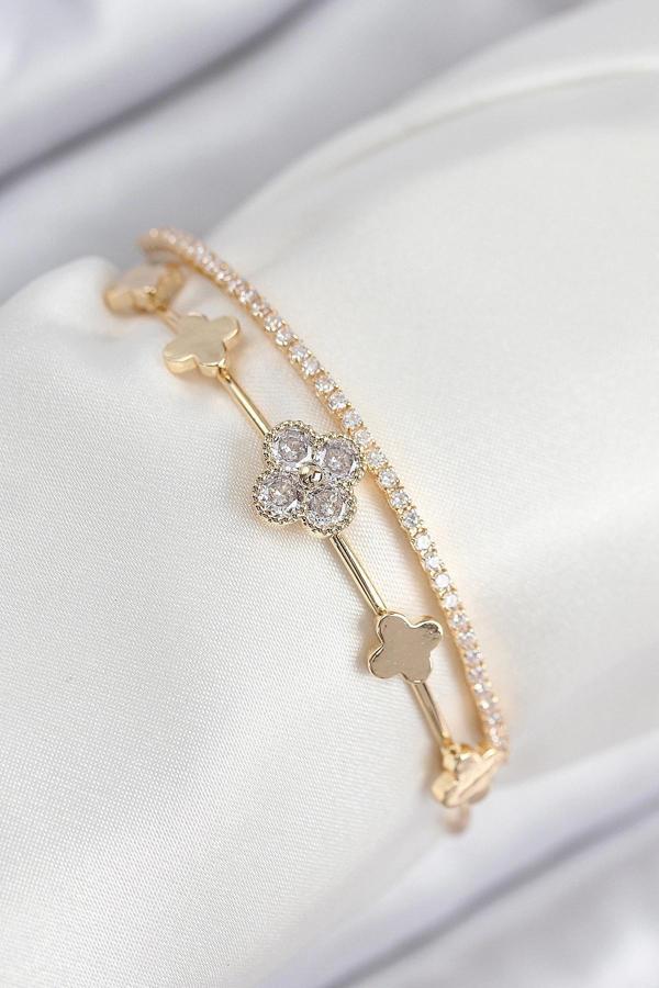 Pirinç Zirkon Taşlı Yonca Model Gold Renk Kadın Bileklik - Image 1