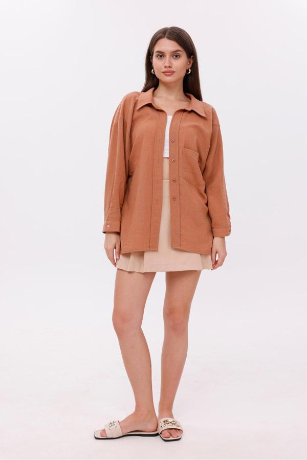 La Pante Önden Cepli Düşük Omuz Kahverengi Gömlek - Image 1