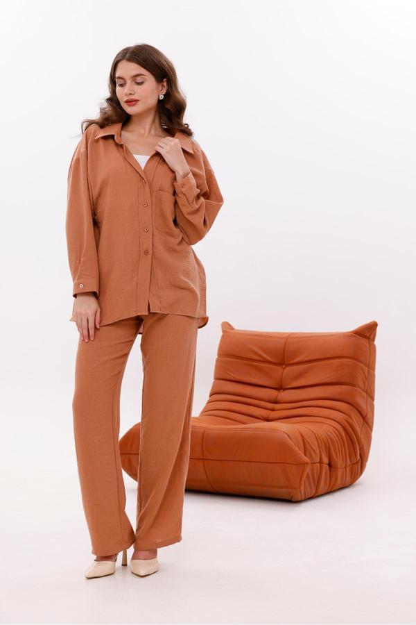 La Pante Beli Lastikli , Bağcıkl,Ön Cepli Düşük Omuzlu Keten Görünümlü Gömlek Pantolon Takım - Image 1