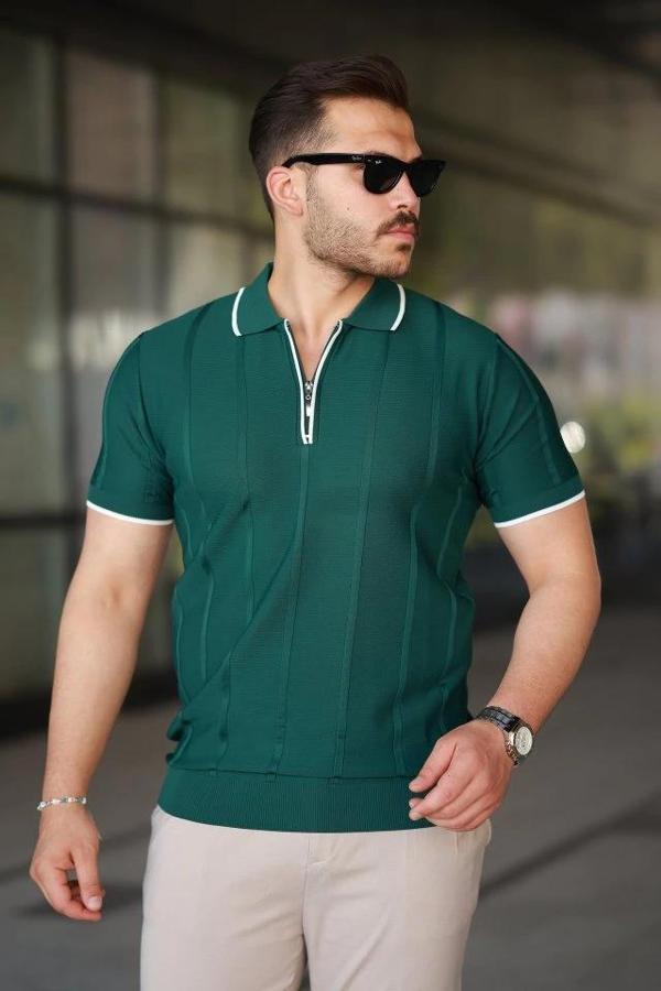 MDB Erkek Dikey Kabartmalı Örgü Dokulu Fermuar Yakalı Tişört - Image 1