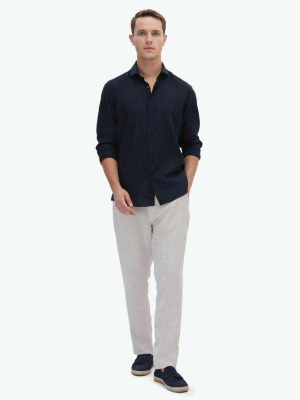 Siyah Düz Regular Fit Dokuma Casual Pamuk Karışımlı Gömlek - Image 1