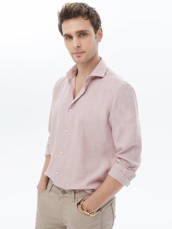 Pembe Düz Regular Fit Dokuma Casual Pamuk Karışımlı Gömlek - Image 1