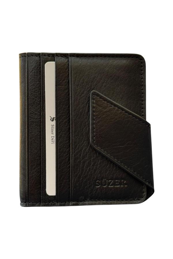 Siyah Hakiki Deri İkiye Katlanır Patlı ve Mıknatıslı Model Kredi Kartlık - 3041-Siyah - Image 1