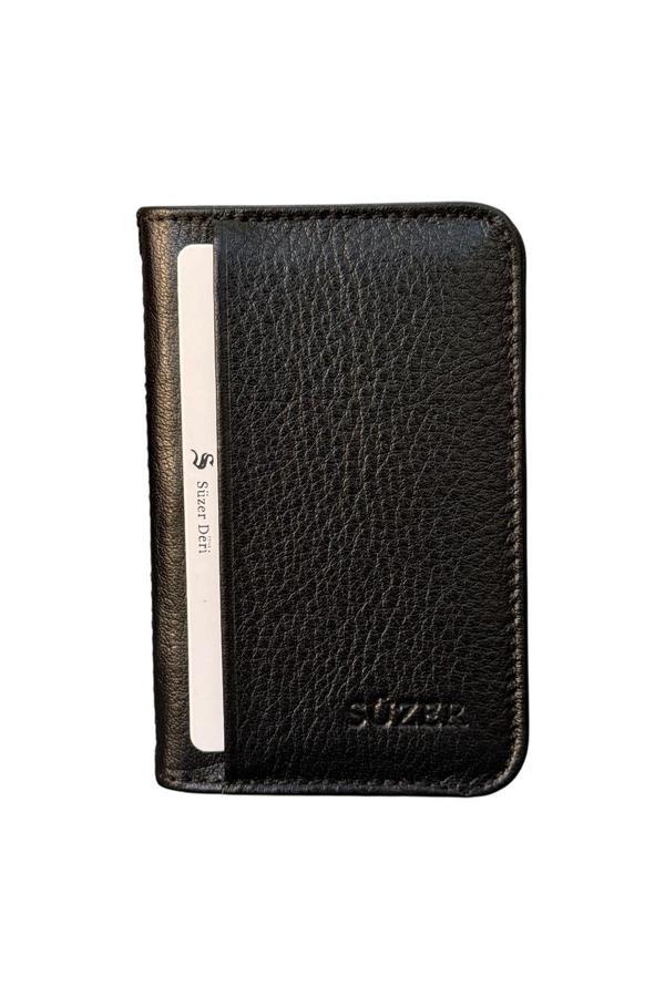 Siyah Hakiki Deri Mini Boy İkiye Katlanır Düz Model Kredi Kartlık - 3044-Siyah - Image 1
