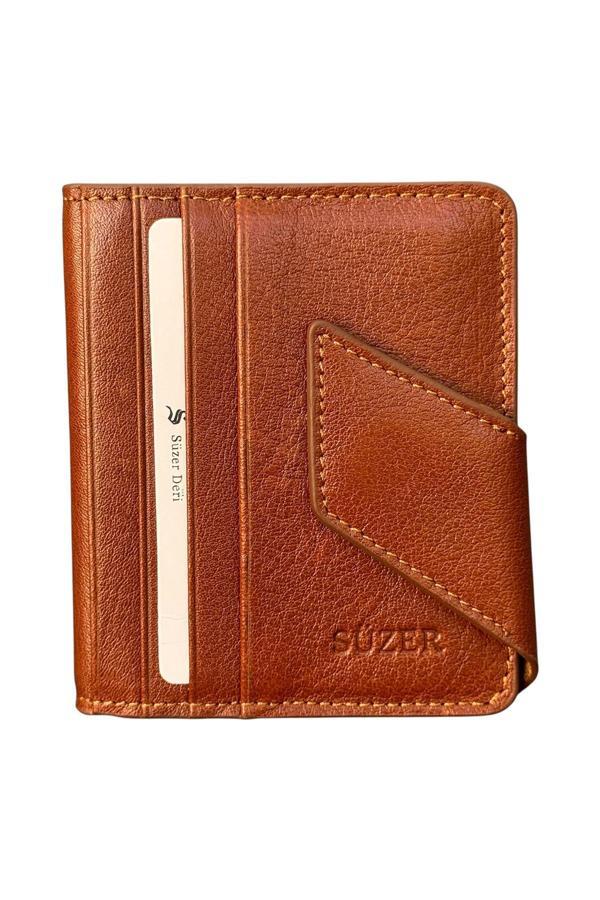 Taba Hakiki Deri İkiye Katlanır Patlı ve Mıknatıslı Model Kredi Kartlık - 3041-Taba - Image 1