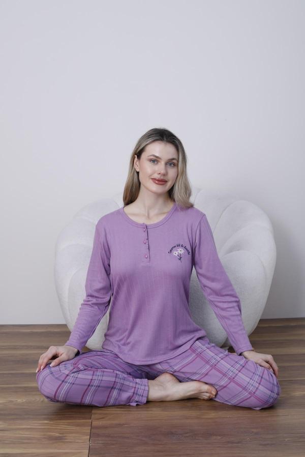 Lindros Kadın Pamuk'lu Düğme Yaka Raporlu İnterlok KIŞLIK Pijama Takımı 05031 - 1 Adet  - Image 1