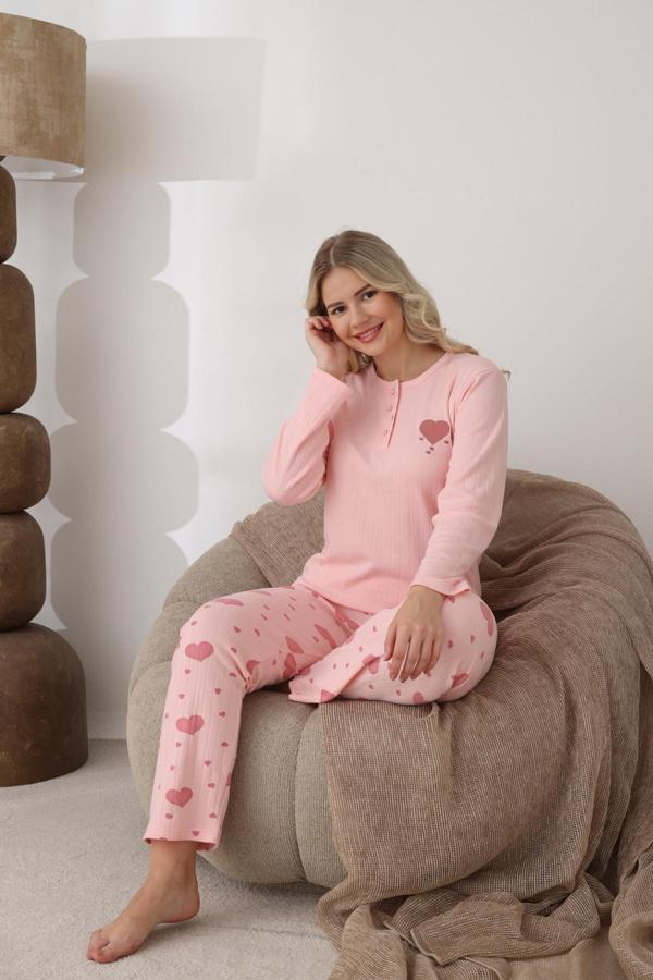 Lindros Kadın Pamuk'lu Düğme Yaka Raporlu İnterlok KIŞLIK Pijama Takımı 0112 - 1 Adet  - Image 1