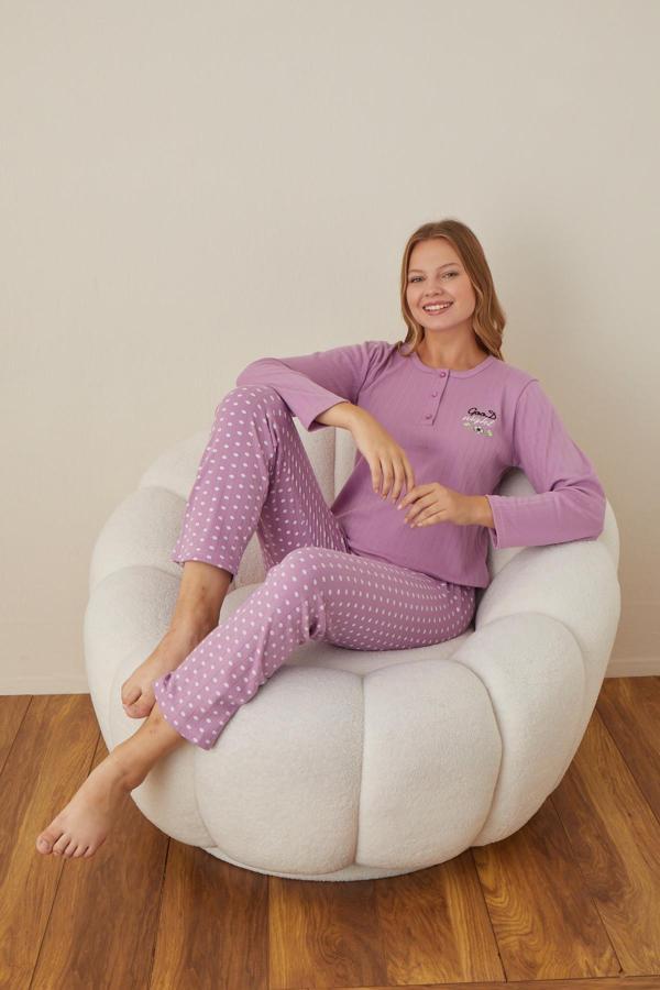 Lindros Kadın Pamuk'lu Düğme Yaka Raporlu İnterlok KIŞLIK Pijama Takımı 05002 - 1 Adet  - Image 1