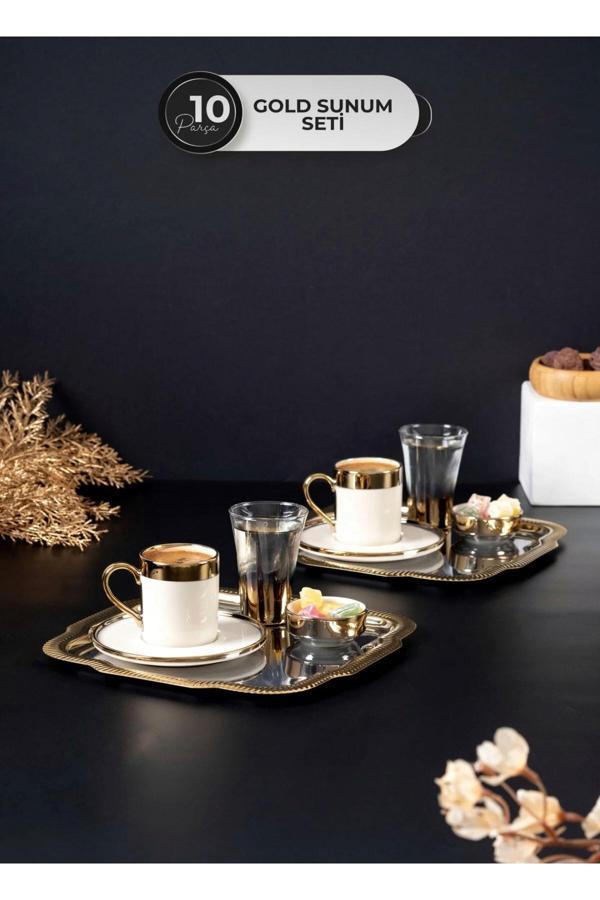 Hediye Köşkü 2 Kişilik 10 parça Lüks Metal Tepsili Kahve Sunum Seti - Image 1