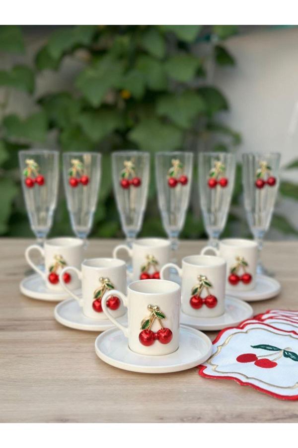 Hediye Köşkü Kirazlı Lüks Porselen 24 parça 6 Kişilik Kahve Sunum Seti - Image 1