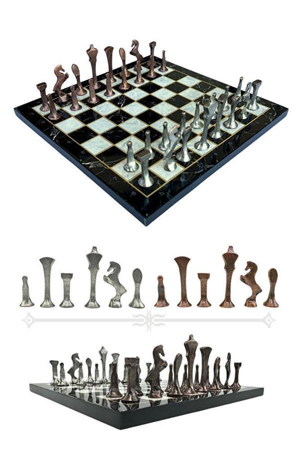 MC54 - Metal Satranç Takımı - 25cm Mermer Desenli Satranç Tahtası - Sertifikalı Antik Metal Taşlar - Image 1