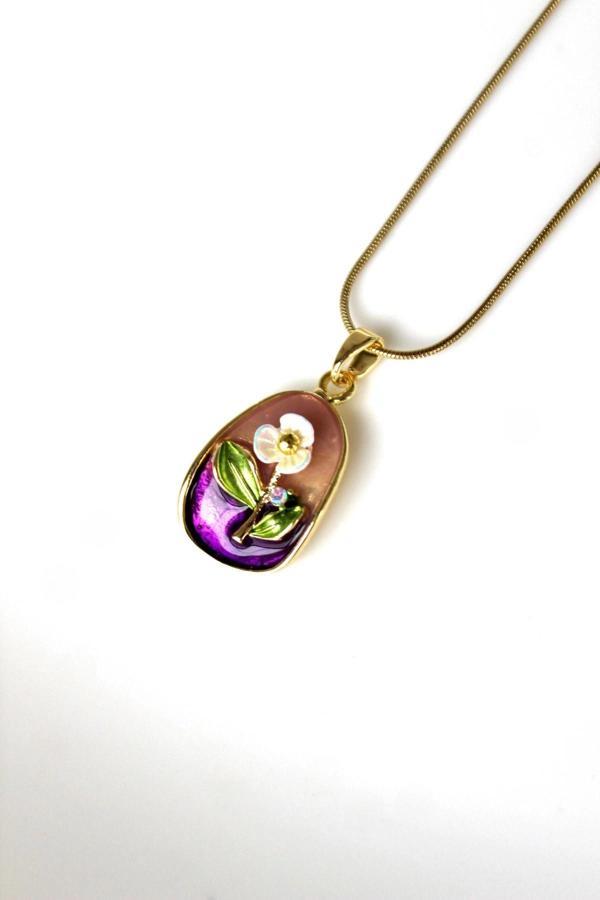 Vintage Çok Renkli Elips Beyaz Çiçek Motifli 3d Tablo Tasarım Kadın Çelik Kolye - Image 1