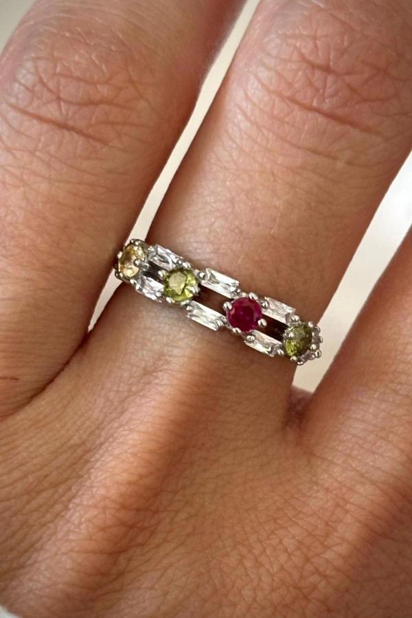 İthal Seri Çift Sıra Renkli Zirkon Taşlı Zarif Tasarım Ayarlanabilir Kadın Çelik Yüzük - Image 1