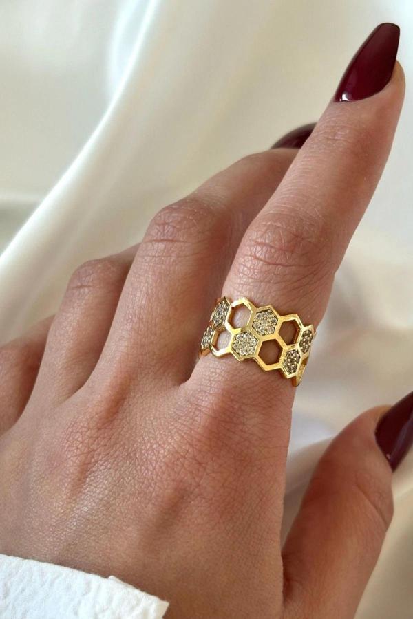 İkili Bal Peteği Tasarım Zirkon Taşlı Ayarlanabilir Kadın Yüzük - Image 1
