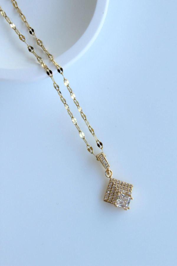 Zarif Baget Zirkon Taşlı Tasarım Renk Atmaz Kararmaz Kadın Çelik Kolye - Image 1