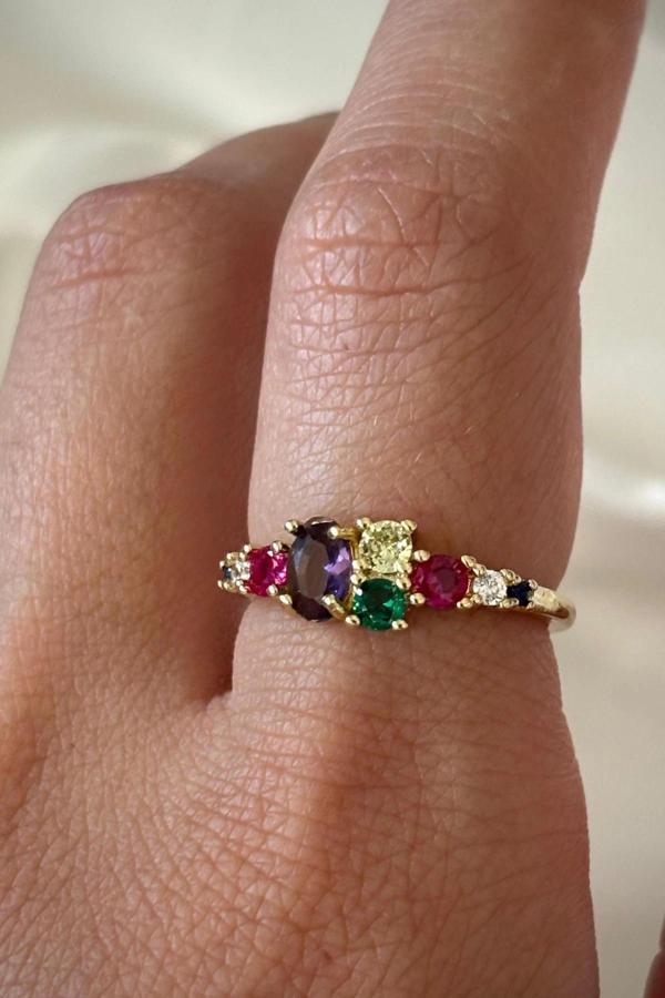 İthal Seri Zarif Karışık Renkli Oval Taşlı Tasarım Ayarlanabilir Kadın Çelik Yüzük - Image 1