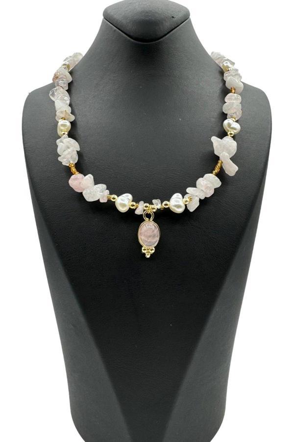 Yeni Sezon Incili Altın Renk Boncuklu 2 Cm Oval Uçlu 45 Cm Tasarım Bijuteri Doğal Taş Kolye - Image 1