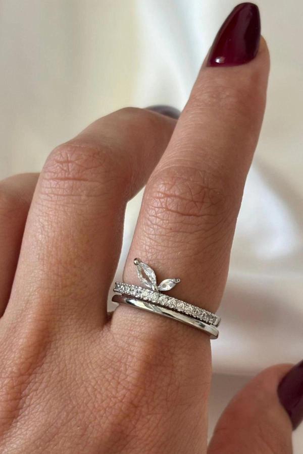 İthal Seri Zarif Zirkon Taşlı İkili Yaprak Tasarım Ayarlanabilir Kadın Çelik Yüzük - Image 1