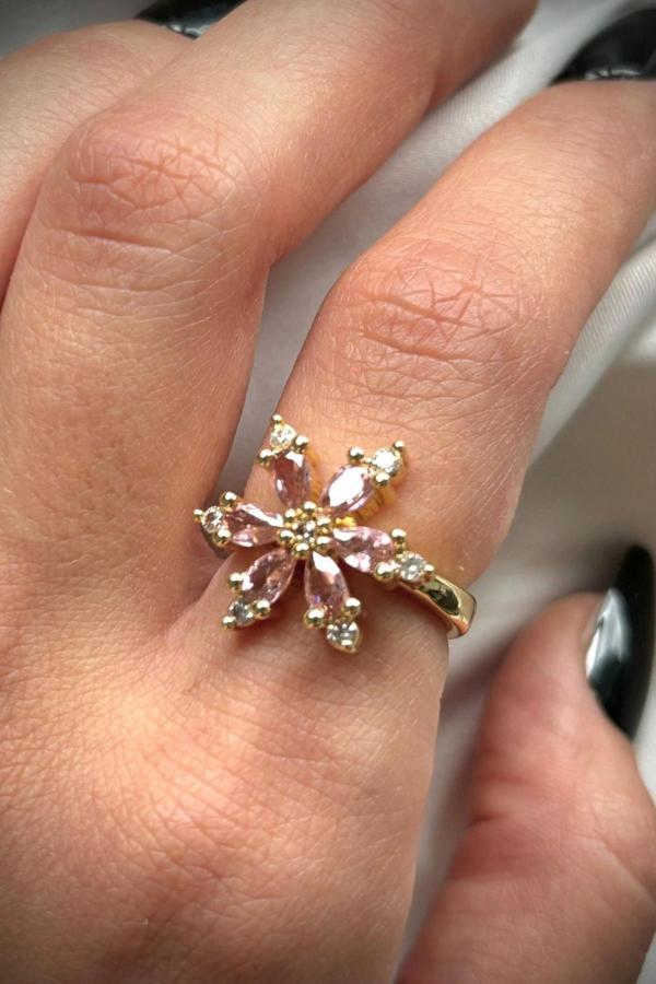 Premium İthal Seri Gold Kaplama Zirkon Taşlı Lotus Çiçeği Ayarlanabilir Tasarım Kadın Çelik Yüzük - Image 1