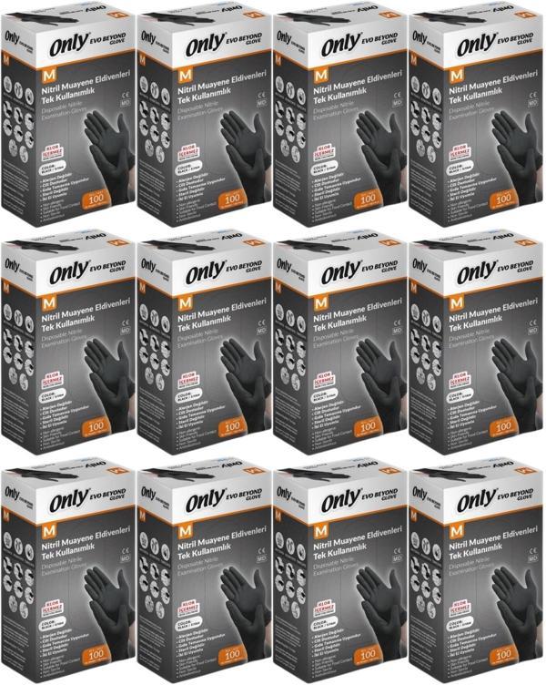 Only Evo Beyond Glove Nitril Siyah Pudrasız Muayene Eldiveni 1200 Lü Set M- Medium - Orta (12PK*100) - Image 1
