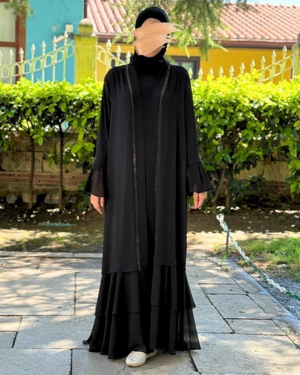 Büyük Beden Şifon Abaya Ferace İkili Takım (46-52 Beden) - Image 1