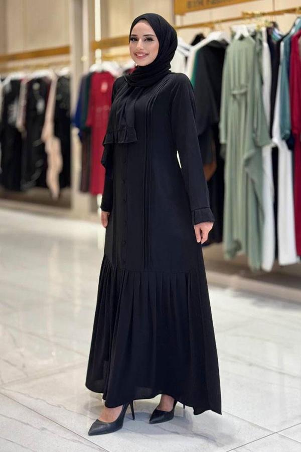 Pilise Detaylı Medine İpeği Elbise & Şal İkili Takım - Image 1