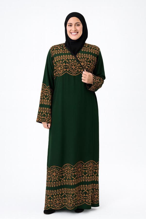 Geometrik Desenli Kruvaze Namaz Elbisesi – %100 Viskon, Yandan Bağlamalı 36-46 Beden - Image 1