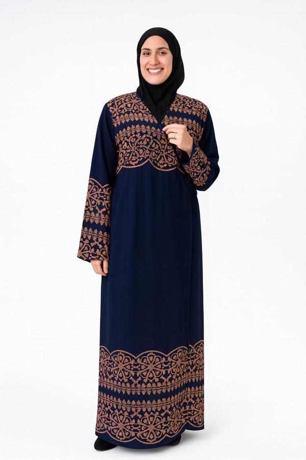 Geometrik Desenli Kruvaze Namaz Elbisesi – %100 Viskon, Yandan Bağlamalı 36-46 Beden - Image 1