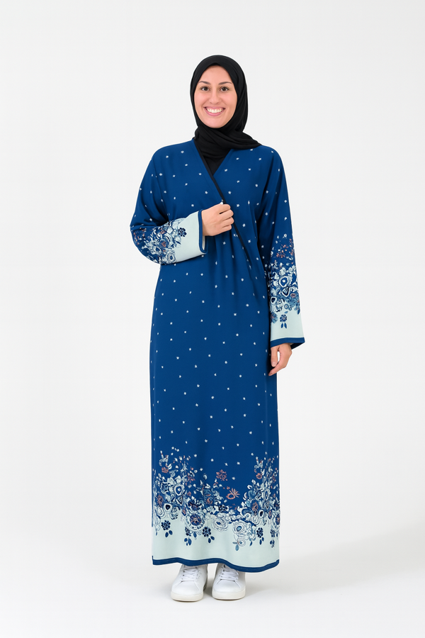 Noktalı Çiçek Desen Kruvaze Namaz Elbisesi – %100 Viskon, Yandan Bağlamalı, Rahat Kalıp 36-46 Beden - Image 1