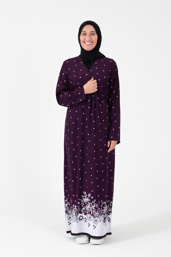 Noktalı Çiçek Desen Kruvaze Namaz Elbisesi – %100 Viskon, Yandan Bağlamalı, Rahat Kalıp 36-46 Beden - Image 1