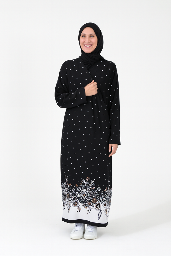 Noktalı Çiçek Desen Kruvaze Namaz Elbisesi – %100 Viskon, Yandan Bağlamalı, Rahat Kalıp 36-46 Beden - Image 1