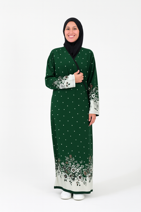 Noktalı Çiçek Desen Kruvaze Namaz Elbisesi – %100 Viskon, Yandan Bağlamalı, Rahat Kalıp 36-46 Beden - Image 1