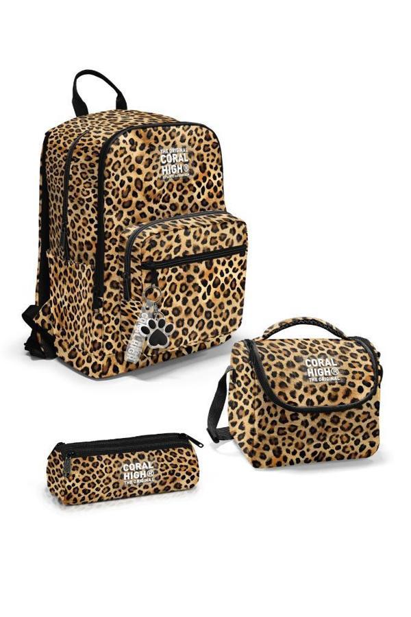 Coral High GOSHOPYA Kahverengi Leopar Desenli 3’lü Okul Çanta Seti GOSET0123681 - Image 1