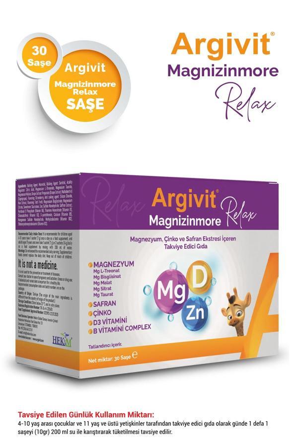 Argivit Magnizinmore Relax Magnezyum, Çinko ve Safran Ekstresi İçeren Takviye Edici Gıda 30 Saşe - Image 1