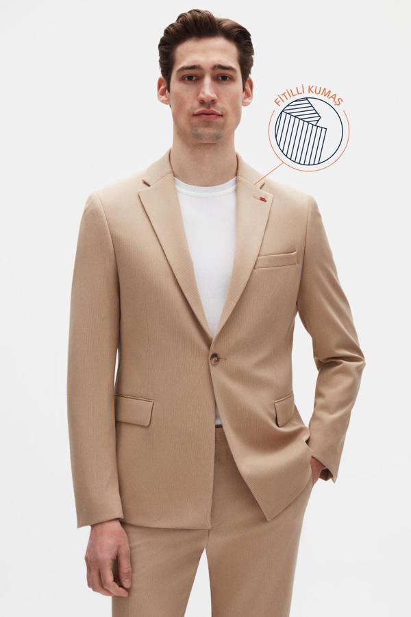 D's Damat Twn Slim Fit Bej Fitilli Örme Takim Elbise - Image 1