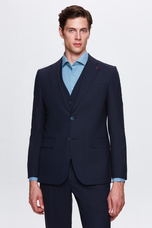 D's Damat Slim Fit Lacivert Mono Yaka Tek Yırtmaçlı Astarlı Takim Elbise Yelekli - Image 1