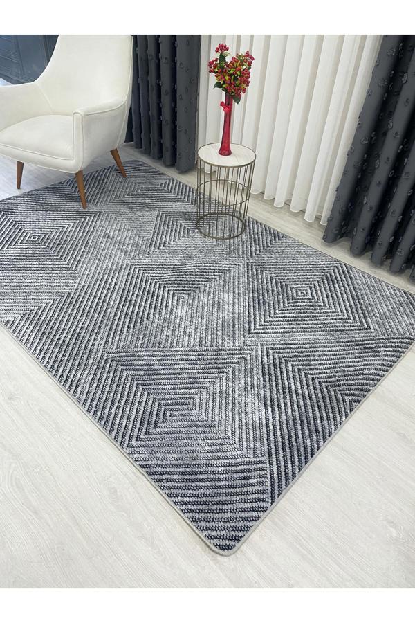 Brillant Gri Renk Geometrik Desen Yolluk Kaymaz Taban Halı - Image 1