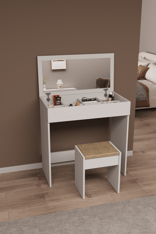 DF02113 Kapaklı Aynalı Bölmeli Puflu Makyaj Masası - Image 1