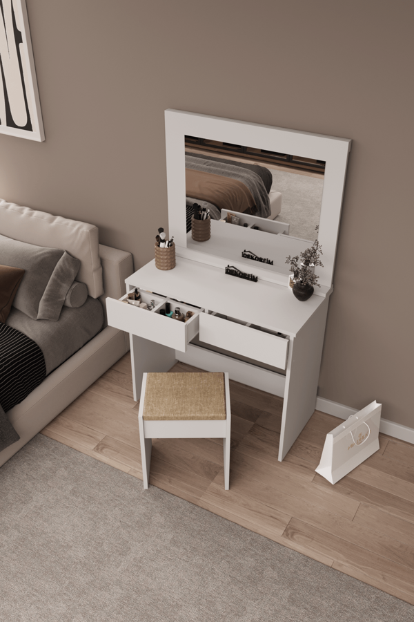 DF02109B Aynalı Puflu Beyaz Makyaj Masası - Image 1