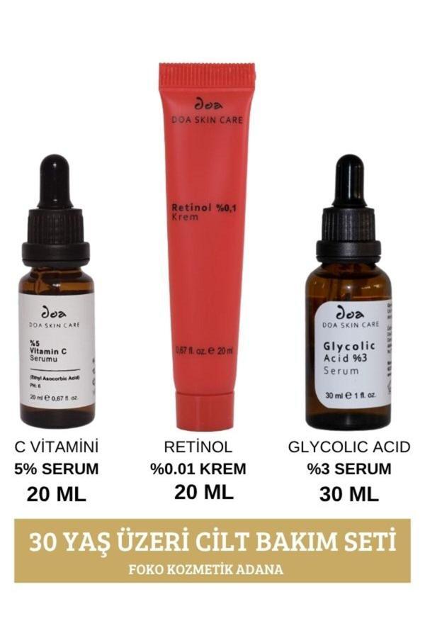 30 Yaş Üzeri Cilt Bakım Seti: C Vitamini %5 Serum & Retinol %0.1 Krem & Glyclolic Acid Serum - Image 1