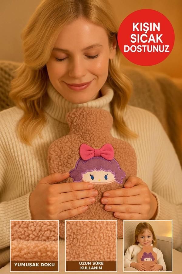 Kahverengi Peluş Sıcak Su Torbası – Yumuşak, Güvenli ve Şık Saçlı Kız Model, 1 Litre - Image 1