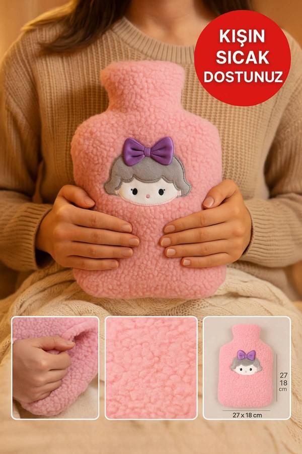Pembe Peluş Sıcak Su Torbası – Yumuşak, Güvenli ve Şık Saçlı Kız Model, 1 Litre - Image 1