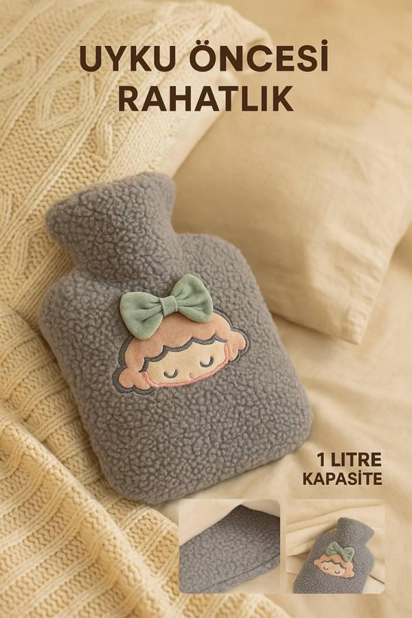 Gri Peluş Sıcak Su Torbası – Yumuşak, Güvenli ve Şık Saçlı Kız Model, 1 Litre - Image 1