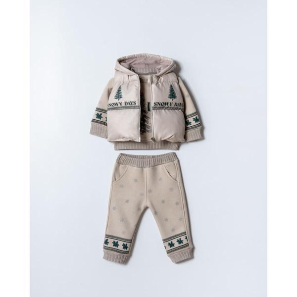 SNOWY DAYS KAPÜŞONLU ŞİŞME YELEKLİ ÜÇLÜ ALT ÜST TAKIM - Bej - 12 Ay Bej - Image 1