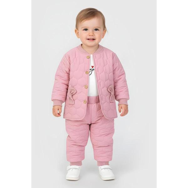 FİYONK DETAYLI KAPİTONE ÜÇLÜ ALT ÜST TAKIM - Pembe - 12 Ay Pembe - Image 1