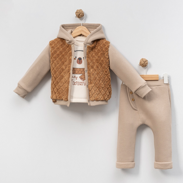 WELSOFT DETAYLI KAPÜŞONLU ÜÇLÜ ALT ÜST TAKIM - Camel - 12 Ay Camel - Image 1